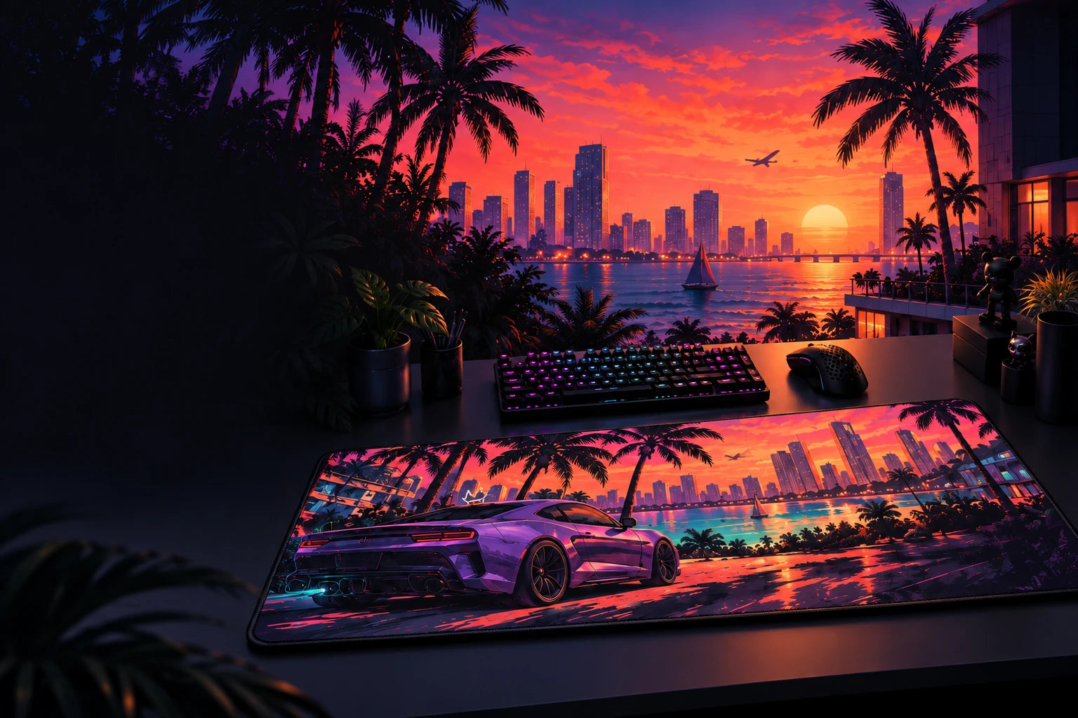 Tapis gaming illustré, voiture violette et ville au coucher du soleil
